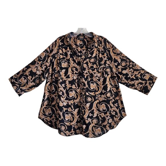 TORRID 1 Women 14 16 Shirt Button Up Gold Black 3/4 Roll Tab Sleeve Relaxed 48" - Picture 1 of 7